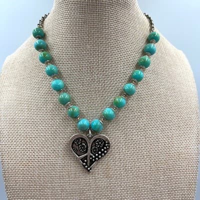 Xiomara Castro Turquoise Beaded Necklace Silver Tone Floral Heart Peace Pendant