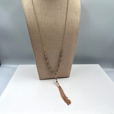 Vintage Rose Gold Tone Long Tassel Necklace Faceted Glass Bead Fringe Pendant