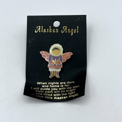 Vintage Alaskan Angel Pin Girl in Purple Parka Enamel Star Souvenir Brooch NEW