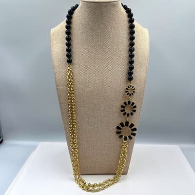 Vintage Talbots Gold Tone Black Enamel Sunburst Bead Double Rolo Chain Necklace