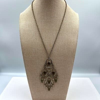 Vintage Chandelier Statement Necklace Silver Tone Smokey Grey Stones 21" Chain