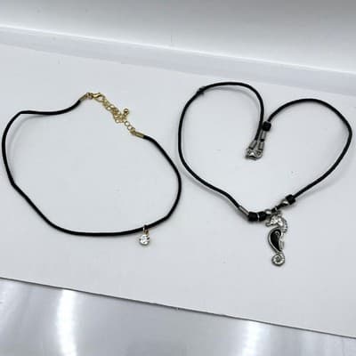 VTG Choker Seahorse Pendant & Crystal Solitaire Necklace Black Cord Suede 2pc