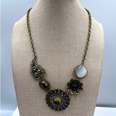 Vintage Bronze Statement Necklace Rhinestone Floral Geometric Boho Bib Jewelry