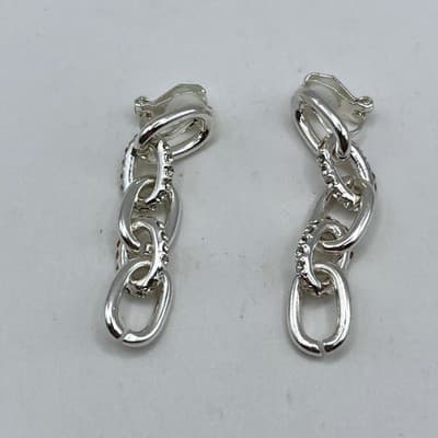Vintage Silver Tone Chunky Chain Link Dangle Earring Pave Crystal Accent Clip-On