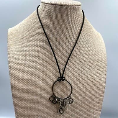 Vintage Industrial Geometric Hoop Chandelier Necklace 18" Black Cord Boho Modern