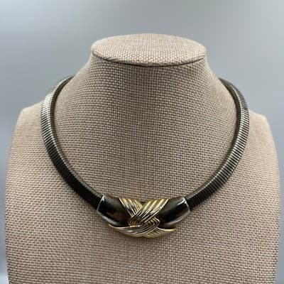 Vintage Two Tone Omega Choker Necklace Gold Silver Mixed Metal Ribbed Knot 16"