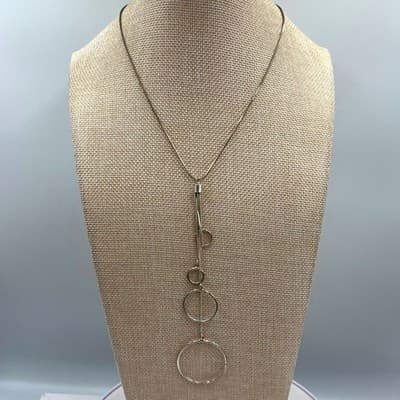 Silver Tone Geometric Ring Y-Necklace, Minimalist Snake Chain Drop Pendant