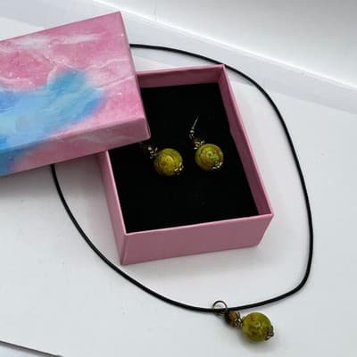 Natural Unakite Green Jasper Stone Pendant Necklace & Earring Set Antique Brass