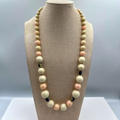 Vintage Pink Splatter Cream Beaded Necklace Aurora Borealis Crystal Accent 24"