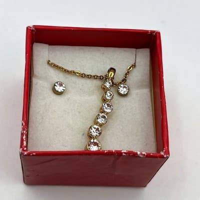Vintage J. Spencer Jewelry Set Gold Tone Crystal Drop Necklace Stud Earrings