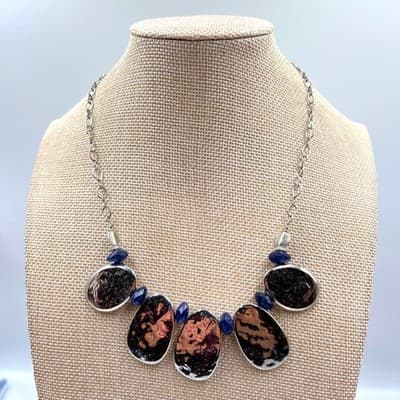 Vintage Statement Bib Necklace Hammered Bronze Tone Plates Blue Bead Accent Boho
