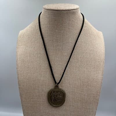 Vintage Bronze Track & Field Medal Necklace - Hurdle Runner, Black Suede Cord