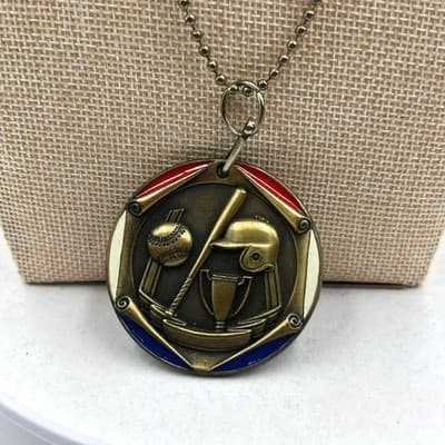 Vintage Freeman Products Baseball Trophy Medal Necklace Ball Bat Helmet Sports