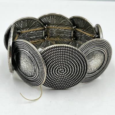Vintage Antiqued Silver Tone Boho Disk Stretch Bracelet, Tribal Geometric Spiral