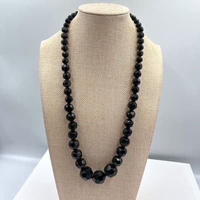 Vintage Black Faceted Graduated Bead Necklace Classic Elegant 24" Strand Jewelry