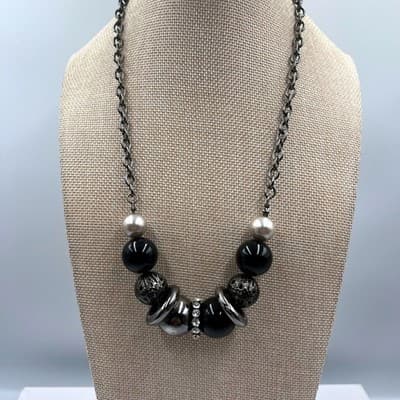 Vintage Chunky Gunmetal Bib Necklace, Silver Mixed Media Beads, Crystal Rondelle
