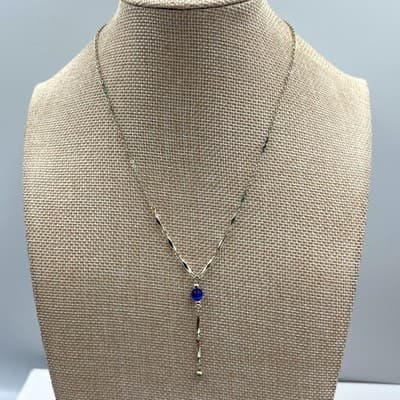 Vintage Silver Tone Blue Cat's Eye Bead Y-Necklace Dainty Bar Link Drop Pendant
