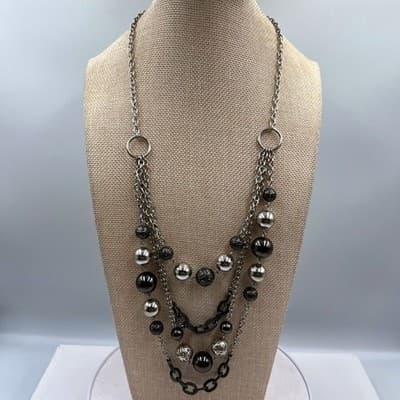 VTG Multi Layer Silver Tone Bead Statement Necklace Chunky Mixed Chain Metallic