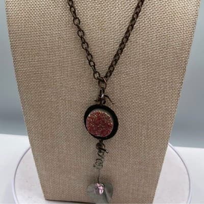 VTG Artisan Copper Tone Druzy Pendant Necklace Rhinestone Heart Leaf Mixed Media