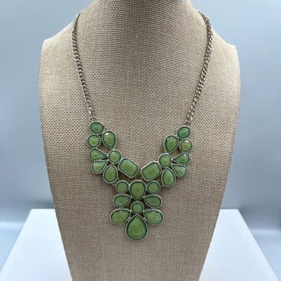 Claire's Sage Green Statement Necklace Silver Tone Bib Teardrop Cluster Jewelry