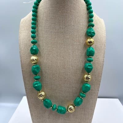 Vintage Green Nugget Bead Necklace Gold Tone Filigree Accents Boho Statement
