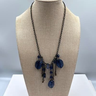 Vintage Blue Faceted Beads Tassel Necklace Gunmetal Chain Boho Statement Jewelry