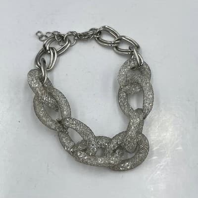 Vintage Chunky Silver Mesh Curb Link Bracelet Crystal Filled Statement Jewelry