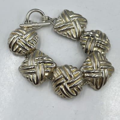 Vintage Silver Tone Woven Love Knot Link Bracelet with Toggle Clasp Classic