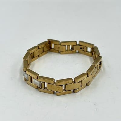 Vintage Gold Tone Rectangular Link Bracelet White Marble Inlay Fold Over Clasp
