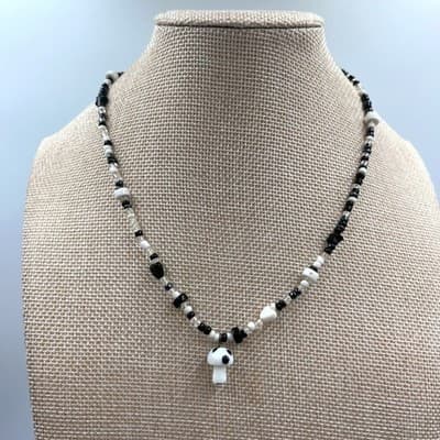 Handmade Black and White Mushroom Charm Beaded Necklace Whimsical Goth Jewelry