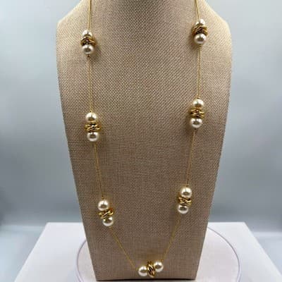 Vintage Long Gold Tone Station Necklace Cream Faux Pearl Clusters Chunky Spiral