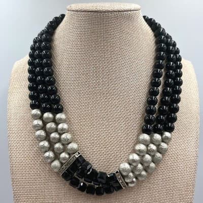 Vintage Triple Strand Black Onyx Style & Silver Stardust Bead Statement Necklace