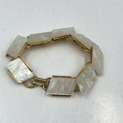 Vintage Gold Tone Panel Bracelet with White Faux Moana Marble Resin, 6.5 Inch