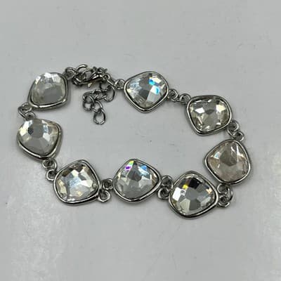 Vintage Silver Tone Large Chunky Crystal Link Bracelet Adjustable Lobster Clasp