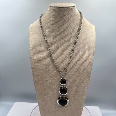 VTG Silver Tone Graduated Triple Tier Black Cabochon Statement Pendant Necklace