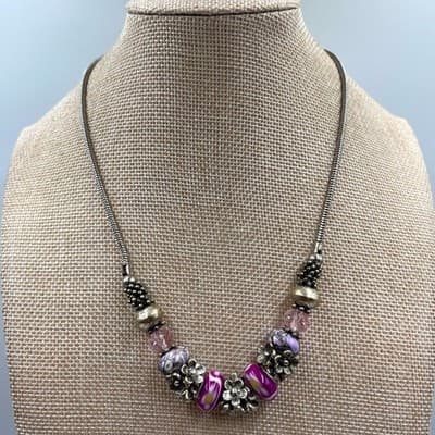 VTG Silver Tone Floral Beaded Necklace Purple Murano Style Glass & Pink Crystal