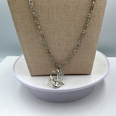 VTG Silver Tone Anchor Cross Pendant Long Textured Link Chain Necklace Nautical