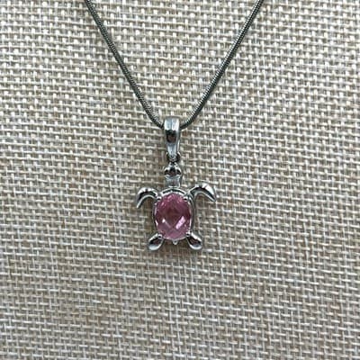 Vintage Silver Tone Sea Turtle Pendant Necklace Pink Faceted Crystal Snake Chain