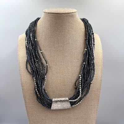 Coldwater Creek Multi-Strand Seed Bead Necklace Silver Tone Hammer Slide Accent