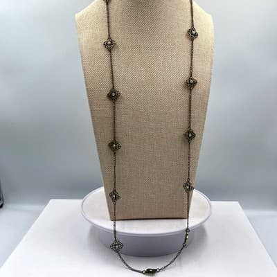 Vintage Bronze Station Necklace Clear Rhinestone Quatrefoil Filigree Long Chain