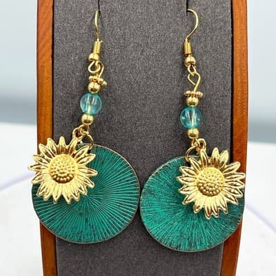 Vintage Boho Verdigris Patina Sunflower Drop Earring – Teal & Gold Floral Dangle