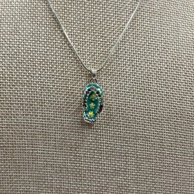 Vintage Silver Flip Flop Pendant Necklace Teal Enamel Multi-Color Crystal Heart