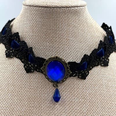 VTG Gothic Black Lace Choker Necklace Blue Crystal Teardrop Pendant Victorian