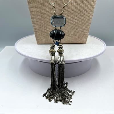 VTG Silver Tone Long Tassel Pendant Necklace Blue Grey Stone Black Agate Bead