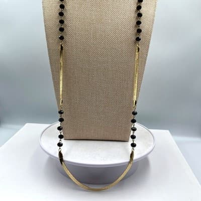 VTG Gold Herringbone & Black Faceted Bead Long Layering Necklace Chic Classic