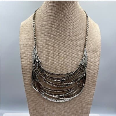 VTG Silver Tone Multi Strand Crescent Bib Necklace Etched Tribal Statement Piece