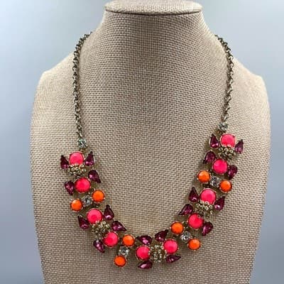Vintage Statement Cluster Bib Necklace Pink Orange Purple Stones Gold Tone Boho