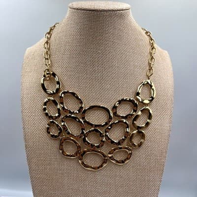 VTG Gold Textured Oval Link Bib Necklace Statement Collar Jewelry Bold Boho Chic
