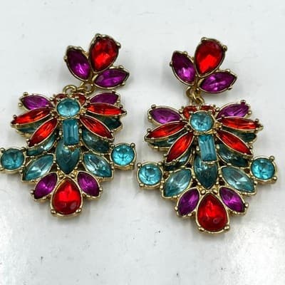VTG Colorful Multi-Stone Floral Drop Earrings – Gold Tone Statement Boho Jewelry