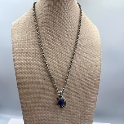 Vintage Silver Tone Wheat Chain Necklace Blue Glass Pendant Two-Tone Rope Accent